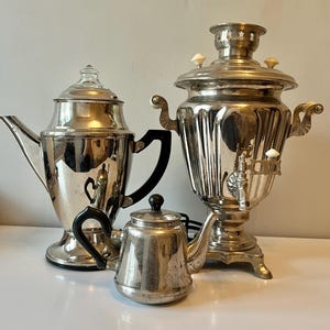 Vintage Soviet Electric Samovar Set, Brass Nickel Tea Making Set, Tea Urn, Tea Pot & Coffee Maker, Rustic Kitchen Home Decor, 70s USSR