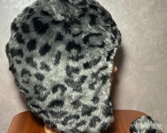 Adult Leopard Faux Fur Ushanka Hat, Trapper Hat With Ears, Aviator