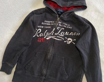 Sweat à capuche zippé Polo Ralph Lauren vintage | Veste polaire noire avec fermeture éclair complète Skull Skull | Impression Union Jack | Taille XS S | Streetwear de l'an 2000