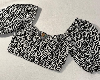 Farm Rio-linnen crop-top met pofmouwen, blouse met gesmokte achterkant, top in korsetstijl, shirt met vierkante hals, boho-romantisch, zwart-witte top, maat S-M