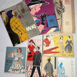Set med vintage sovjetisk modetidning från 60-talet, illustrerad broschyr, retro sömnadsmönster, Rigas Modes, vintage modekatalog, tidskrift Sovjetunionen