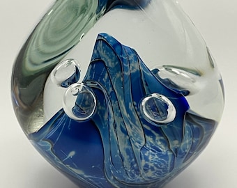 Robert Eickholt Art Glass Blue Swirl Paperweight Signed 2000