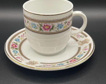 Vintage Porcelain Chinese Coffee Cup & Saucer With Floral Band