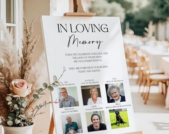May include: A white memorial sign on a wooden easel featuring the text IN LOVING Memory, Today we celebrate our love, and the lives of those who are no longer with us. They are forever in our hearts today and always, with six photos.