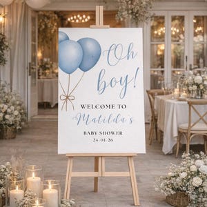 Letrero de bienvenida "Oh Boy": Decoración para baby shower con globos azules, letrero de entrada personalizado de cartón pluma. imagen 6