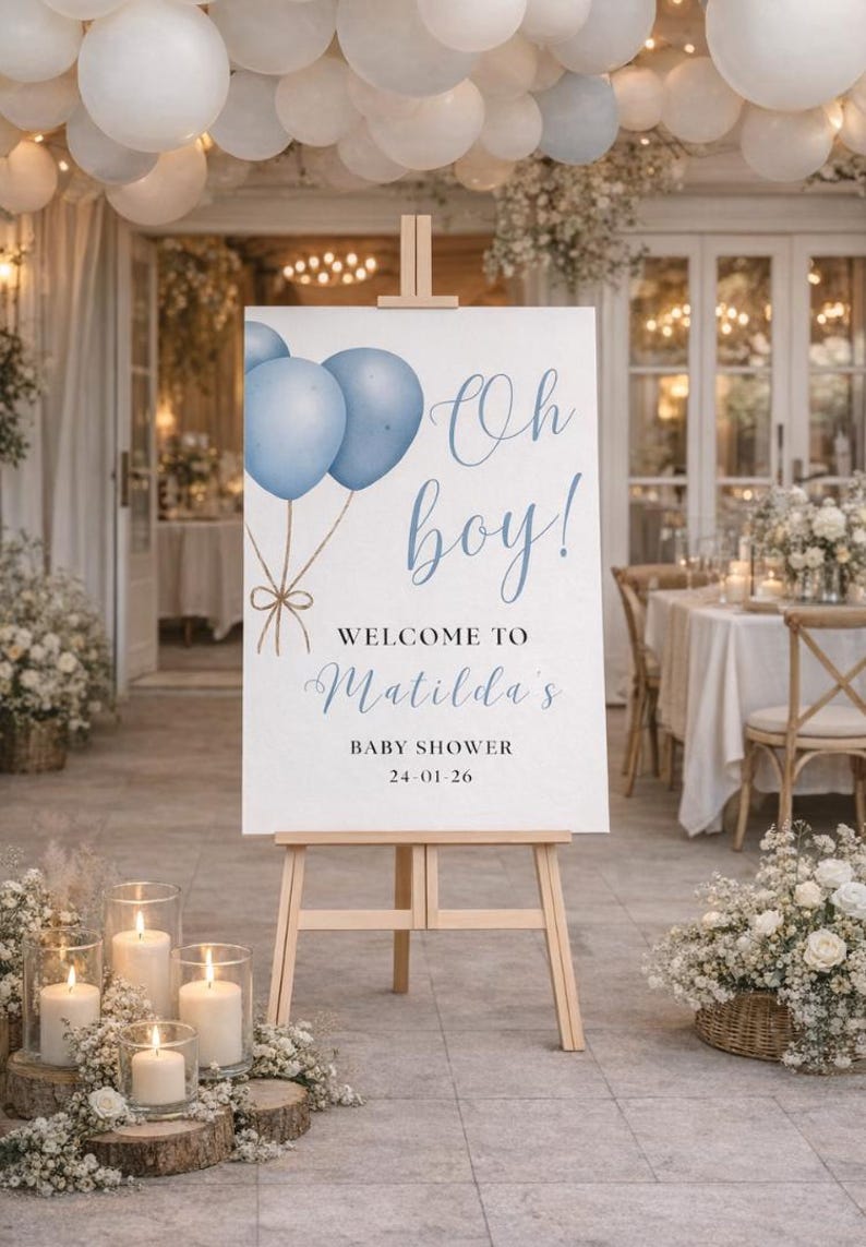 Letrero de bienvenida "Oh Boy": Decoración para baby shower con globos azules, letrero de entrada personalizado de cartón pluma. imagen 6