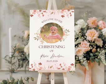 Panneau de bienvenue personnalisé avec photo et motif floral pour baptême : Décoration en mousse pour le baptême de bébé