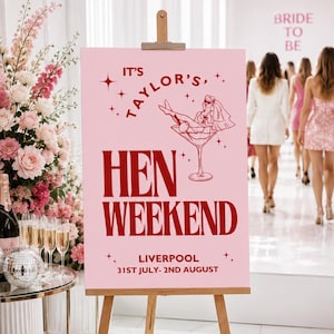 May include: A pink sign on a wooden easel reads "It's Taylor's, Hen Weekend" with a cocktail illustration and the location and dates: Liverpool, 31st July - 2nd August. In the background, women in dresses walk.