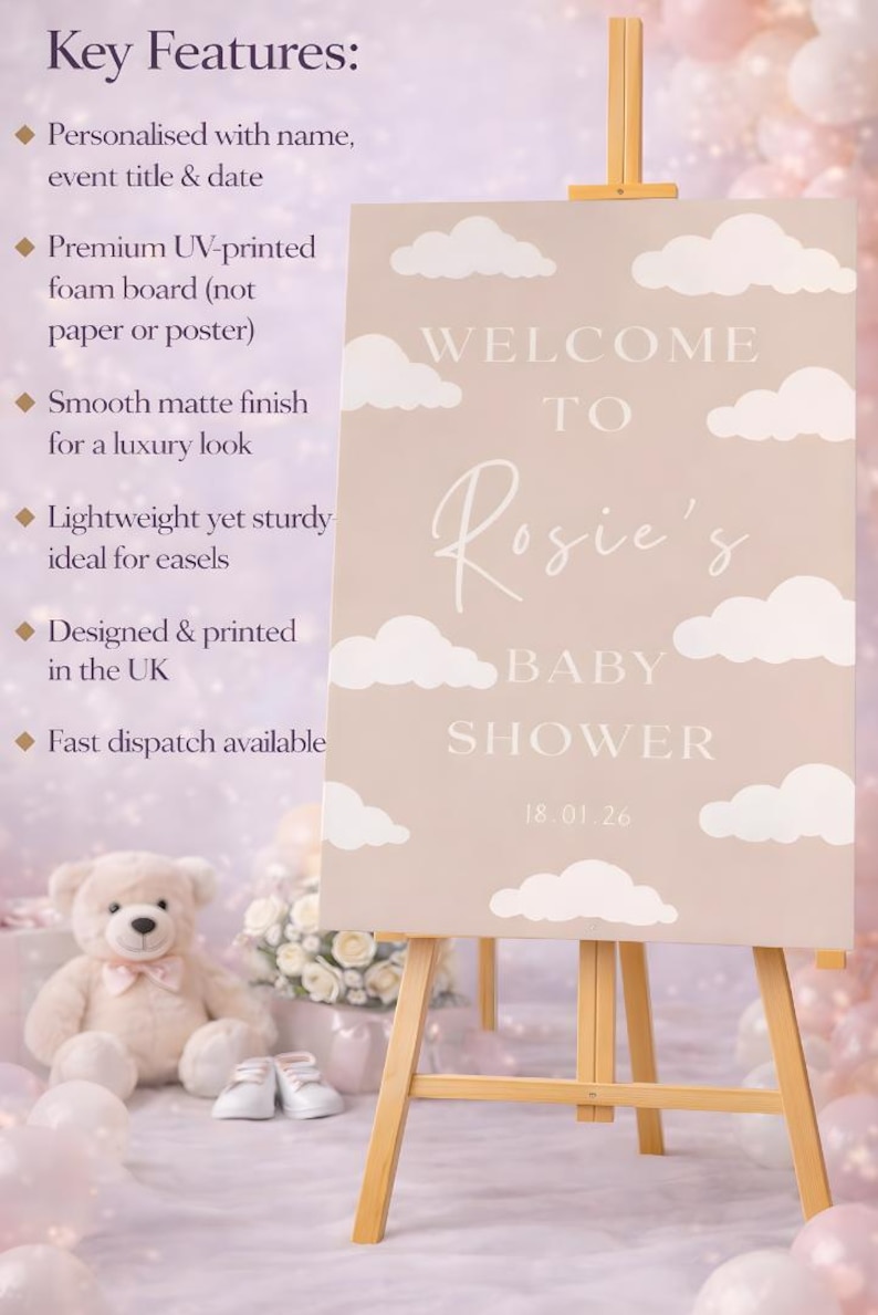 Neutral Baby Shower Welcome Sign | Personalised Baby Shower Sign | Cloud Baby Shower Decor | Custom Baby Shower Board | Printed Foam Board afbeelding 11
