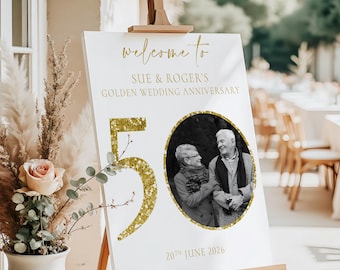 50th Golden Wedding Anniversary Sign with Photo | Personalised Anniversary Welcome Board | 50 Years Married Sign |Gold Anniversary Display |