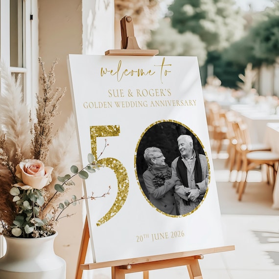 50th Golden Wedding Anniversary Sign with Photo | Personalised Anniversary Welcome Board | 50 Years Married Sign |Gold Anniversary Display |