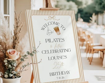 Personalized Cream Stripe Birthday Welcome Sign Pilates & Lattes Foam Board Milestone Party Décor Mat Pilates - Reform Pilates