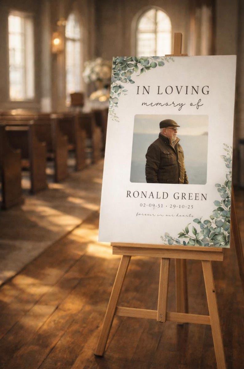 Peut inclure: Un chevalet en bois supportant un panneau comm&eacute;moratif. Le panneau affiche "IN LOVING memory of" au-dessus d'une photo d'un homme. Le nom "RONALD GREEN" et des dates sont en dessous. Le panneau est orn&eacute; de verdure.