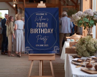 May include: A navy blue welcome sign on a wooden easel, announcing "William's 70th Birthday Party" with gold lettering. The sign includes the date "6th June 2025" and gift box illustrations. The background shows a party setting with guests and floral arrangements.