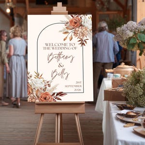 Personalised Wedding Welcome Sign – Rustic Floral Wedding Sign on Foam Board, Autumn Wedding Welcome Board, Custom Name & Date Sign D101WB