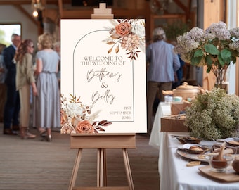 Personalised Wedding Welcome Sign – Rustic Floral Wedding Sign on Foam Board, Autumn Wedding Welcome Board, Custom Name & Date Sign D101WB