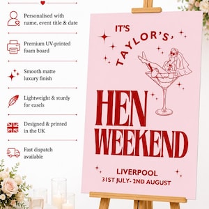 May include: A pink hen party sign on a wooden easel. The sign features the text "IT'S TAYLOR'S, HEN WEEKEND" in red, along with the location and dates: Liverpool, 31st July - 2nd August. The sign also has a graphic of a woman in a martini glass.