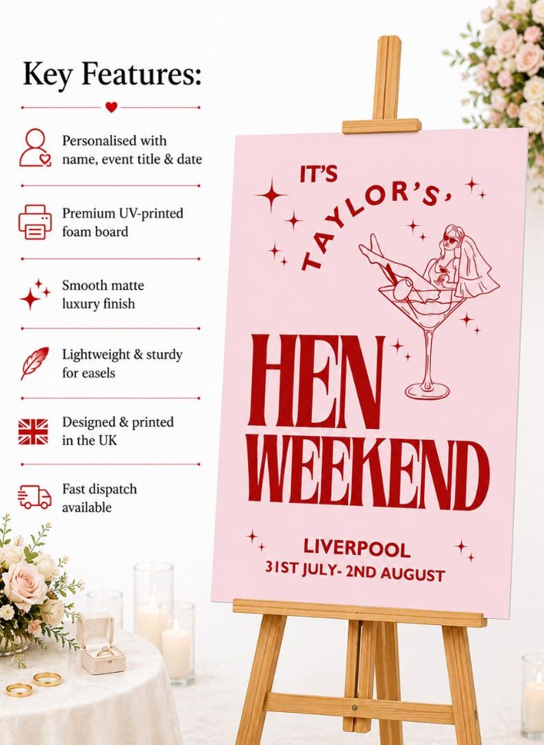 May include: A pink hen party sign on a wooden easel. The sign features the text "IT'S TAYLOR'S, HEN WEEKEND" in red, along with the location and dates: Liverpool, 31st July - 2nd August. The sign also has a graphic of a woman in a martini glass.