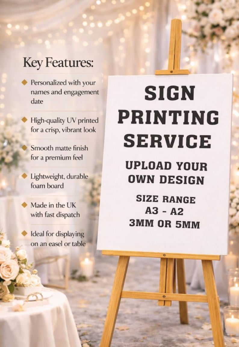 May include: A white sign on a wooden easel with the text "SIGN PRINTING SERVICE". The sign offers custom design printing in A3-A2 sizes, 3mm or 5mm thickness. The sign is displayed on a wooden easel.