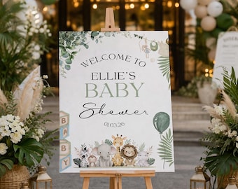 SAFARI BABY SHOWER Welcome Sign: Jungle Animal Decor, Personalized Foam Board Entrance Sign
