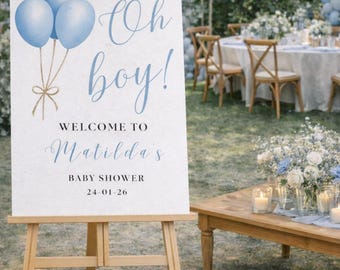 Oh Boy Welcome Sign: BLUE BALLOON Baby Shower Decor, PERSONALIZED Foam Board Entrance Sign