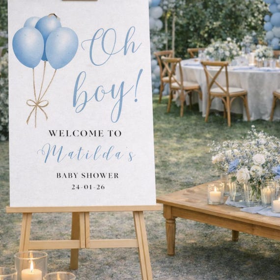 Oh Boy Welcome Sign: BLUE BALLOON Baby Shower Decor, PERSONALIZED Foam Board Entrance Sign