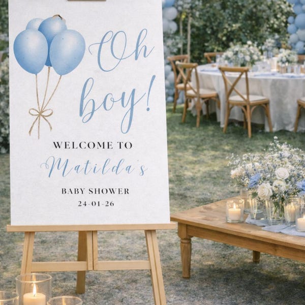 Oh Boy Welcome Sign: BLUE BALLOON Baby Shower Decor, PERSONALIZED Foam Board Entrance Sign