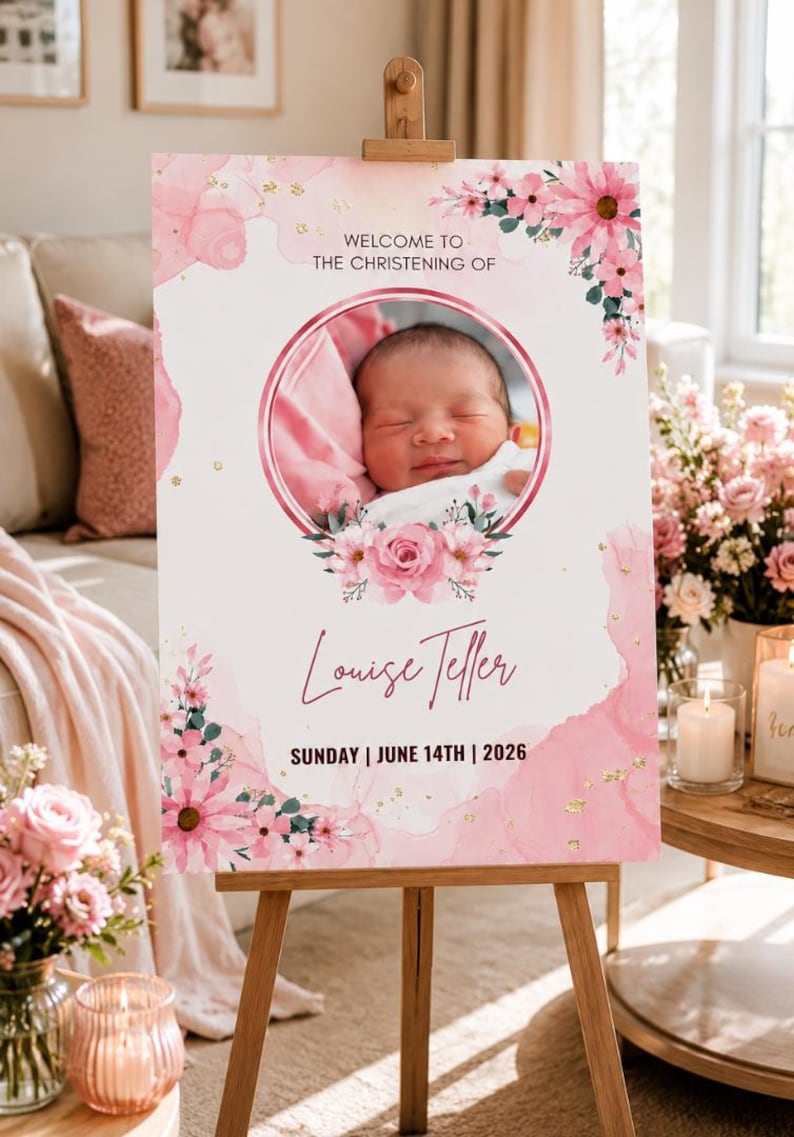 May include: A pink and white christening welcome sign on a wooden easel. It features a baby's photo, floral decorations, and the text "Welcome to the Christening of Louise Teller, Sunday | June 14th | 2026."