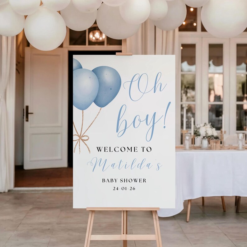 Letrero de bienvenida "Oh Boy": Decoración para baby shower con globos azules, letrero de entrada personalizado de cartón pluma. imagen 12