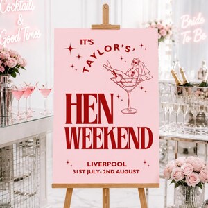 May include: A pink sign on a wooden easel with the text "It's Taylor's Hen Weekend Liverpool 31st July-2nd August". The sign features a graphic of a woman in a martini glass. The background includes cocktails and flowers.