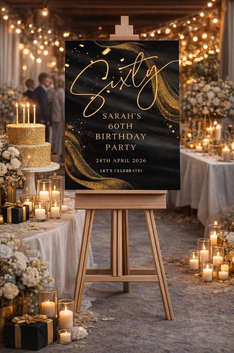 Personalised BIRTHDAY WELCOME SIGN: Custom Milestone Black Gold Glitter Birthday Board, Indoor Decoration image 10