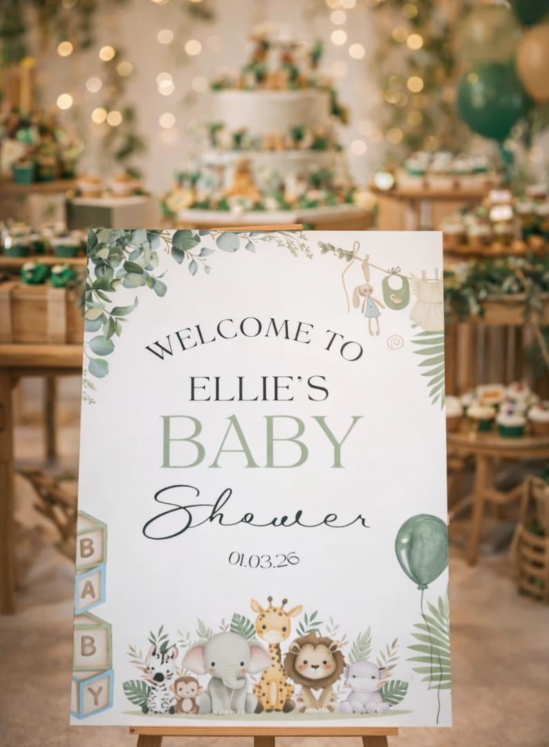 Pu&ograve; includere: Un cartello di benvenuto per il baby shower di Ellie, con uno sfondo bianco ornato da foglie verdi e illustrazioni di animali. Il cartello recita "Benvenuti al baby shower di Ellie" e la data 01.03.26.