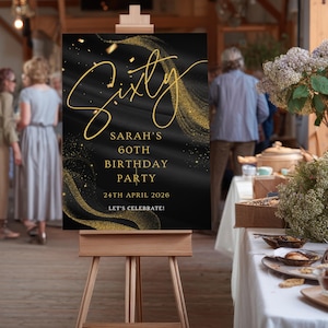 Personalised Black & Gold Glitter birthday welcome sign featuring custom name, age, and date, modern design with soft pink accents and bold red typography, printed on rigid foam board, ideal for milestone birthday parties, stylish indoor displays, photo backdrops, bars, restaurants, homes, or event venues, lightweight yet durable with premium matte finish