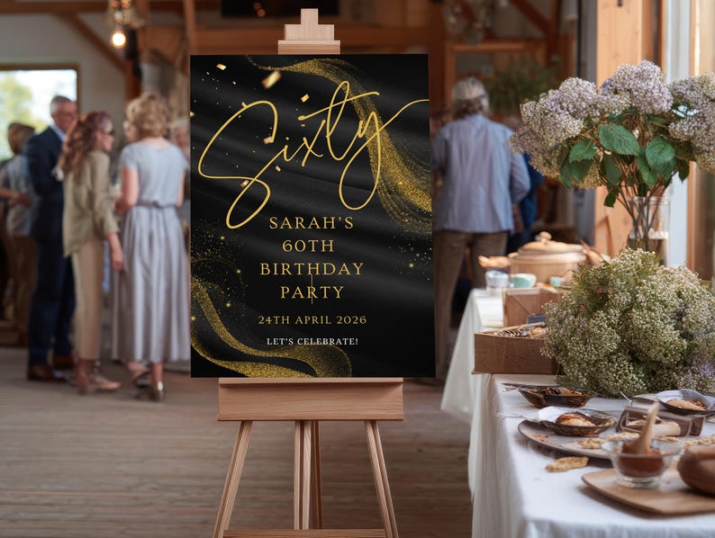 Personalised Black & Gold Glitter birthday welcome sign featuring custom name, age, and date, modern design with soft pink accents and bold red typography, printed on rigid foam board, ideal for milestone birthday parties, stylish indoor displays, photo backdrops, bars, restaurants, homes, or event venues, lightweight yet durable with premium matte finish