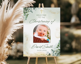 PERSONALIZED CHRISTENING Welcome Sign with PHOTO: Greenery Gold Baptism Foam Board Decor