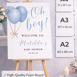 Letrero de bienvenida "Oh Boy": Decoración para baby shower con globos azules, letrero de entrada personalizado de cartón pluma. imagen 2