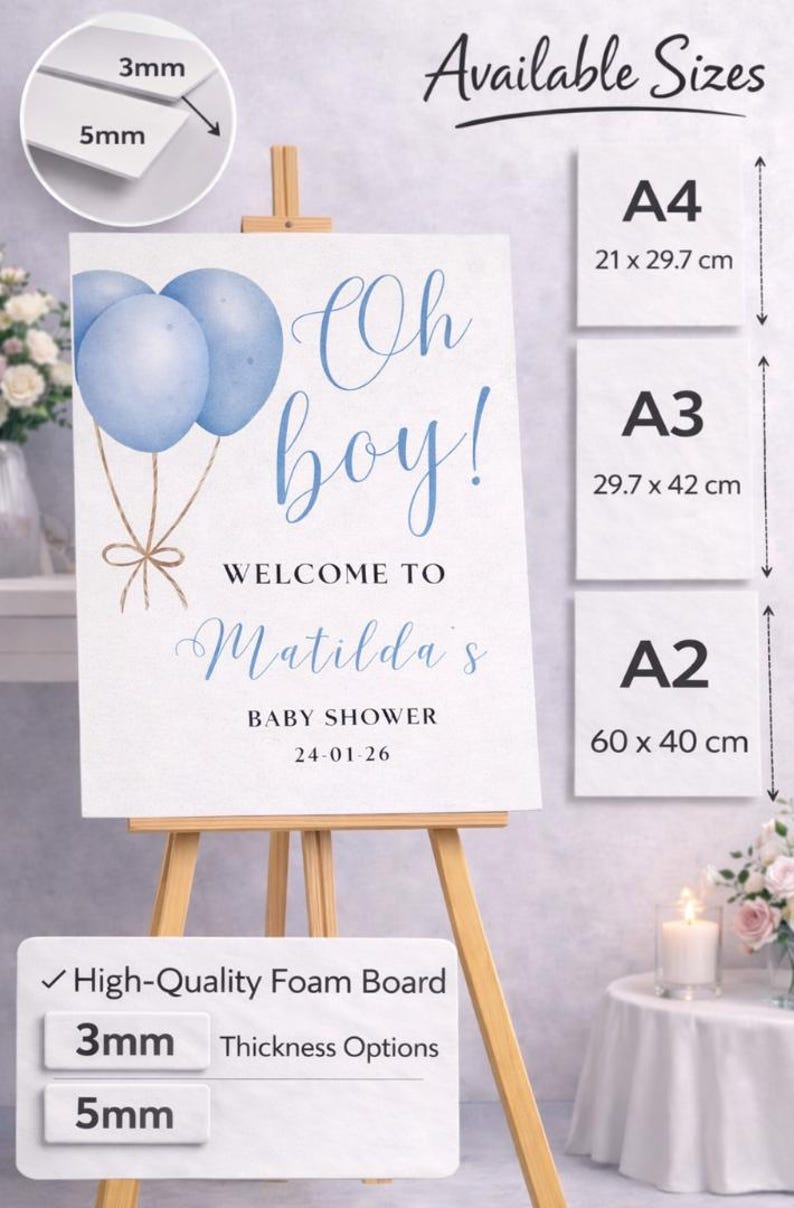 Letrero de bienvenida "Oh Boy": Decoración para baby shower con globos azules, letrero de entrada personalizado de cartón pluma. imagen 2