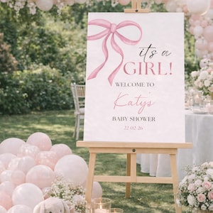 PERSONALIZED Baby Shower WELCOME SIGN: Baby Girl Sign, Pink Bow Foam Board, Custom Name Decor