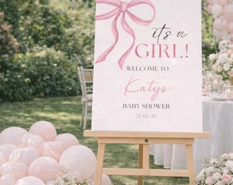PERSONALIZED Baby Shower WELCOME SIGN: Baby Girl Sign, Pink Bow Foam Board, Custom Name Decor