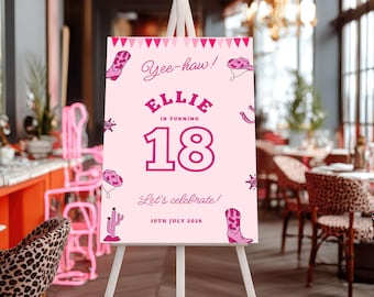 Letrero de bienvenida de cumpleaños personalizado: Decoración de fiesta de tablero de espuma de vaquera rosa