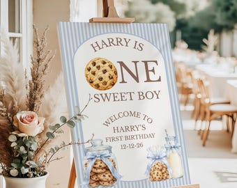 PERSONALIZED BIRTHDAY WELCOME Sign: One Sweet Boy, Cookie,  First Birthday, 1st Milk & Cookies Pastel Blue Party Foam Board Entrance Decor