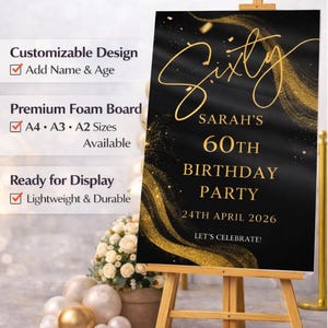 Personalised BIRTHDAY WELCOME SIGN: Custom Milestone Black Gold Glitter Birthday Board, Indoor Decoration image 7