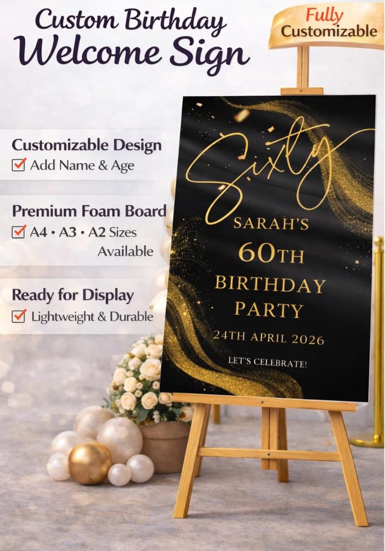 Personalised BIRTHDAY WELCOME SIGN: Custom Milestone Black Gold Glitter Birthday Board, Indoor Decoration image 7