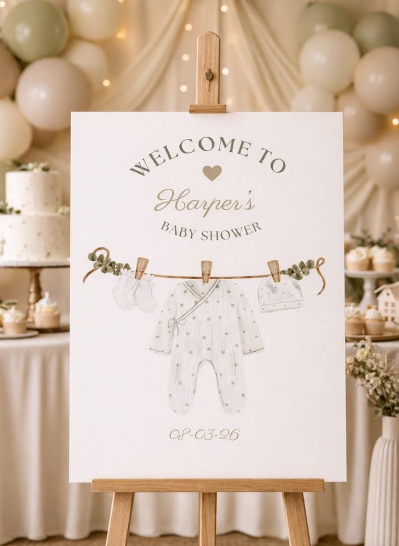 May include: A baby shower sign on an easel with the text "Welcome to Harper's Baby Shower." The sign features a watercolor illustration of baby clothes hanging on a clothesline, including a onesie, hat, and mittens. The date "08-03-26" is printed at the bottom.