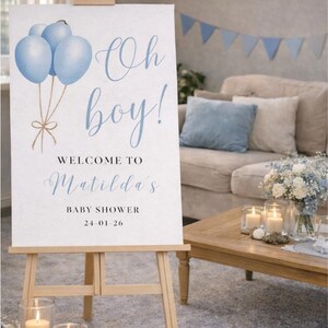 Letrero de bienvenida "Oh Boy": Decoración para baby shower con globos azules, letrero de entrada personalizado de cartón pluma. imagen 8