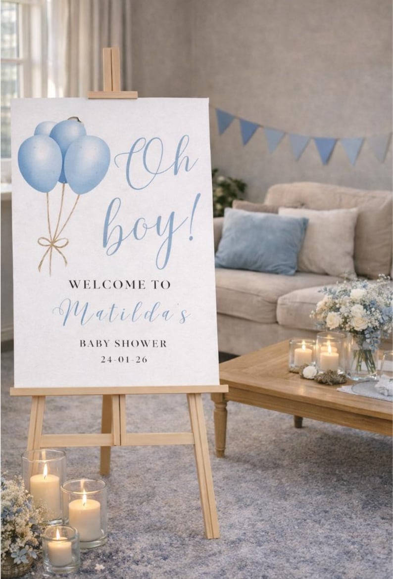 Letrero de bienvenida "Oh Boy": Decoración para baby shower con globos azules, letrero de entrada personalizado de cartón pluma. imagen 8