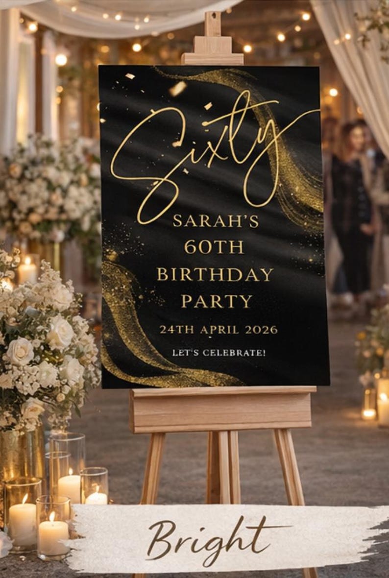Personalised BIRTHDAY WELCOME SIGN: Custom Milestone Black Gold Glitter Birthday Board, Indoor Decoration image 4