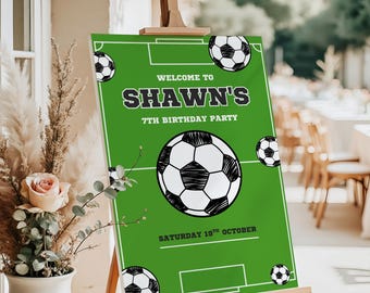 May include: A green rectangular birthday party sign on a wooden easel featuring a soccer field graphic, multiple soccer balls, and the text: WELCOME TO SHAWN'S 7TH BIRTHDAY PARTY SATURDAY 19TH OCTOBER. The design includes white field markings.