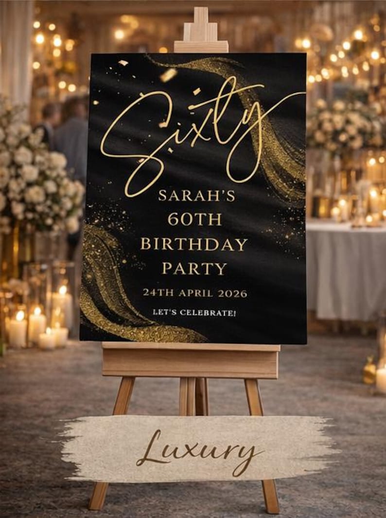 Personalised BIRTHDAY WELCOME SIGN: Custom Milestone Black Gold Glitter Birthday Board, Indoor Decoration image 2