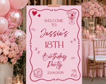 Personalised Birthday Welcome Sign | Pink Birthday Party Sign | Custom Name & Date Board | Girls Milestone Party Decor | Printed Foam Board